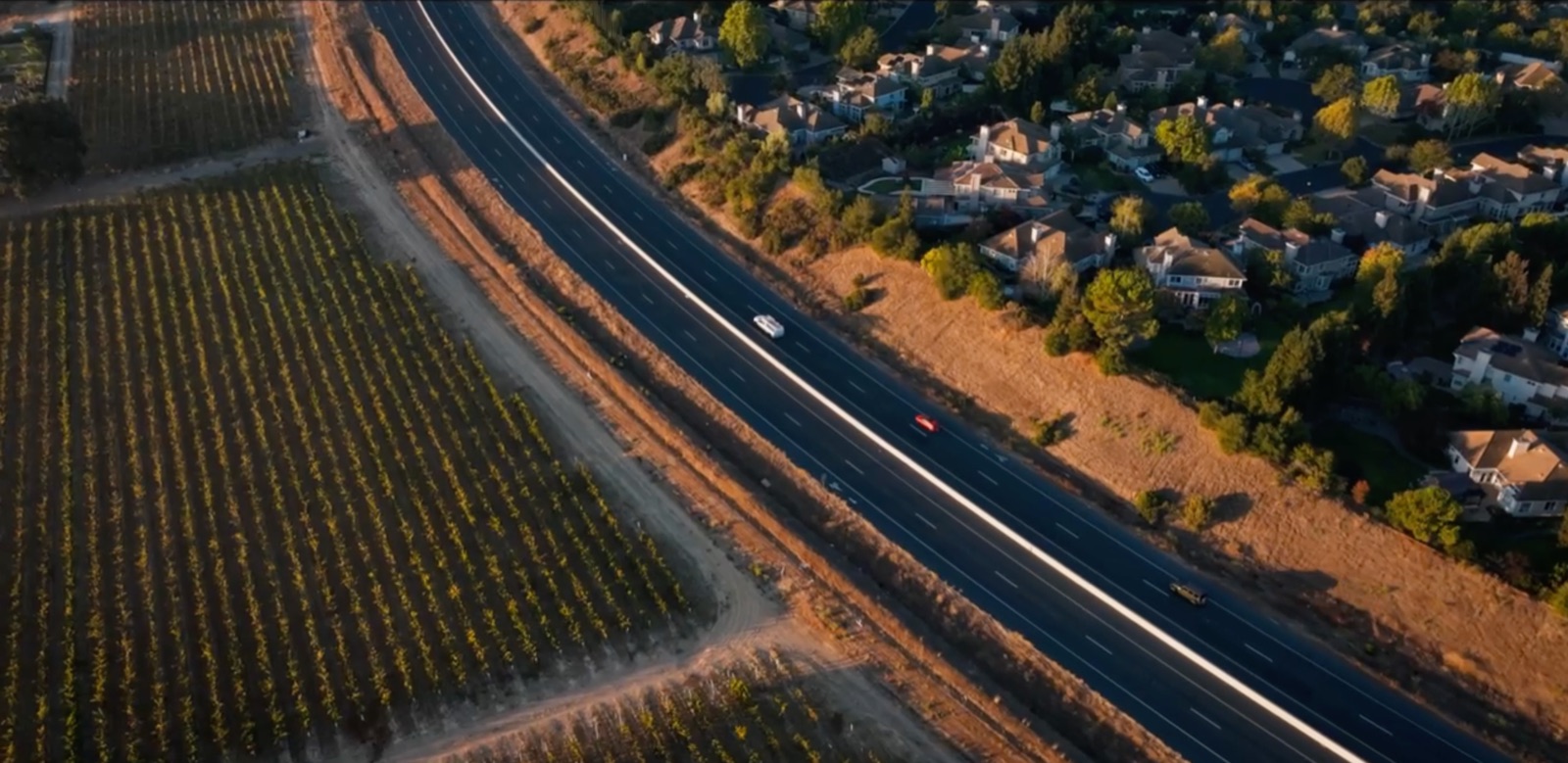 Aerial view of a road running between a vineyard and a neighborhood of homes